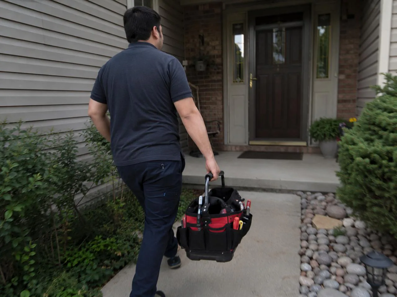 Technician arriving at a home carrying his tool bag